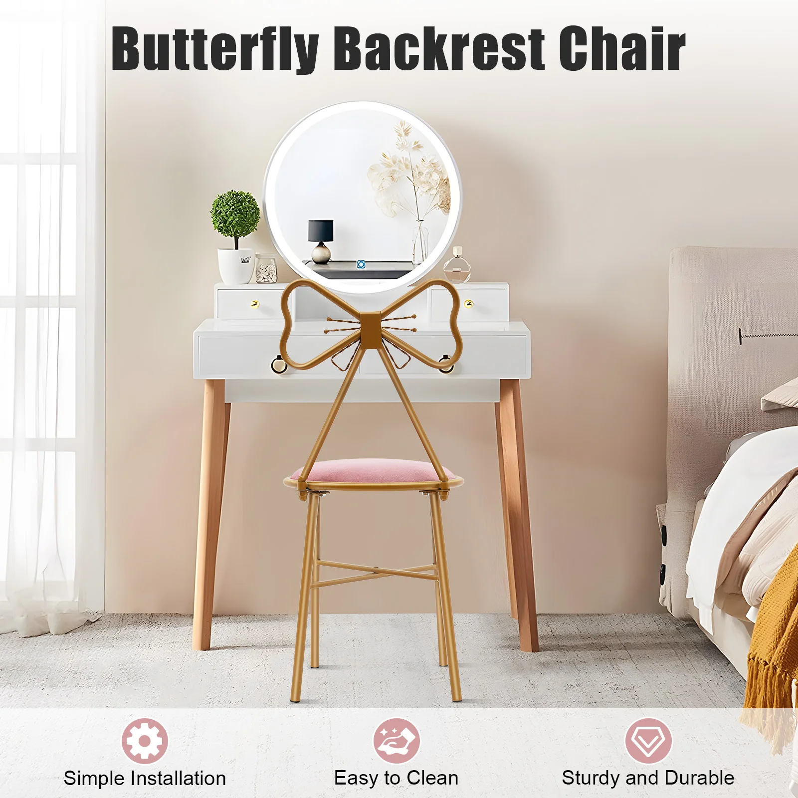 Pink Butterfly Back Vanity Stool Flannelette Makeup Chair Girl Dressing Stool Backrest Manicure Chair for Bedroom Dresser Salon