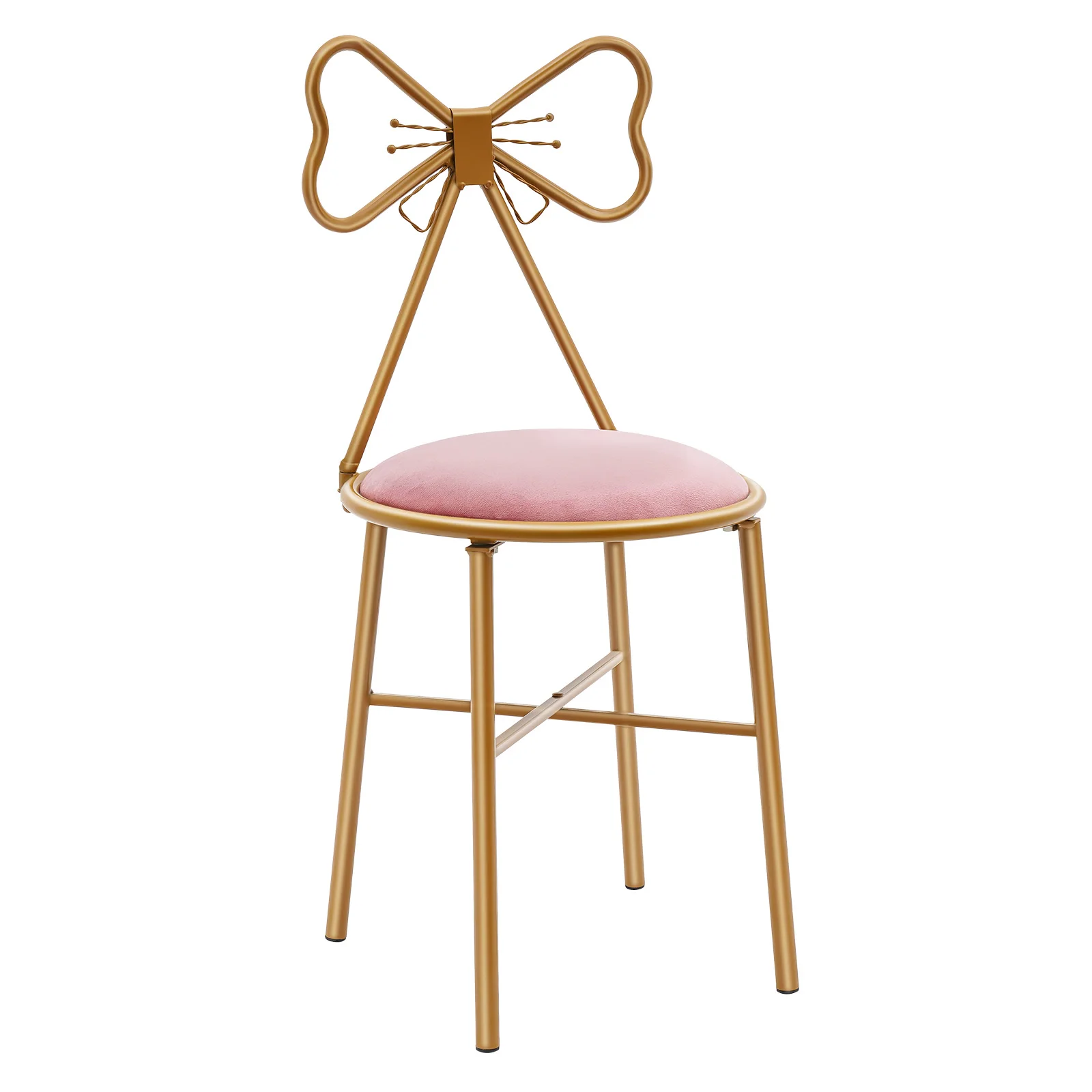 Pink Butterfly Back Vanity Stool Flannelette Makeup Chair Girl Dressing Stool Backrest Manicure Chair for Bedroom Dresser Salon