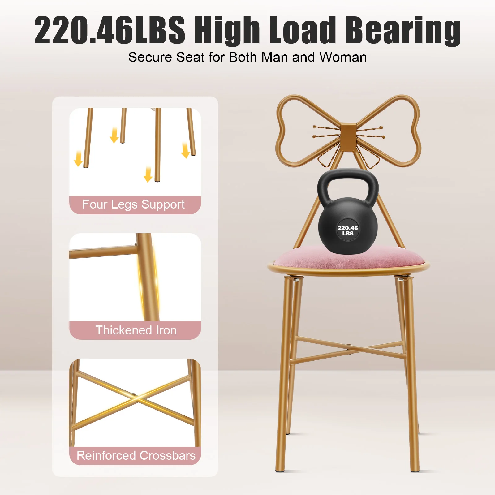 Pink Butterfly Back Vanity Stool Flannelette Makeup Chair Girl Dressing Stool Backrest Manicure Chair for Bedroom Dresser Salon