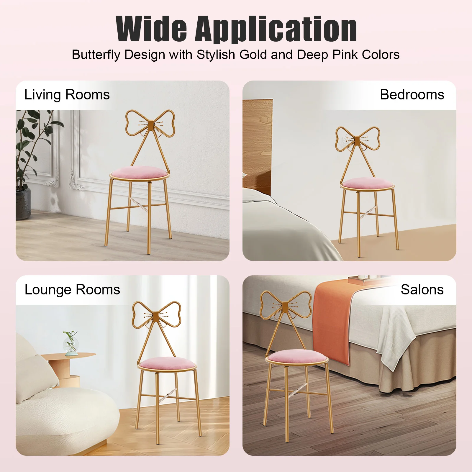 Pink Butterfly Back Vanity Stool Flannelette Makeup Chair Girl Dressing Stool Backrest Manicure Chair for Bedroom Dresser Salon