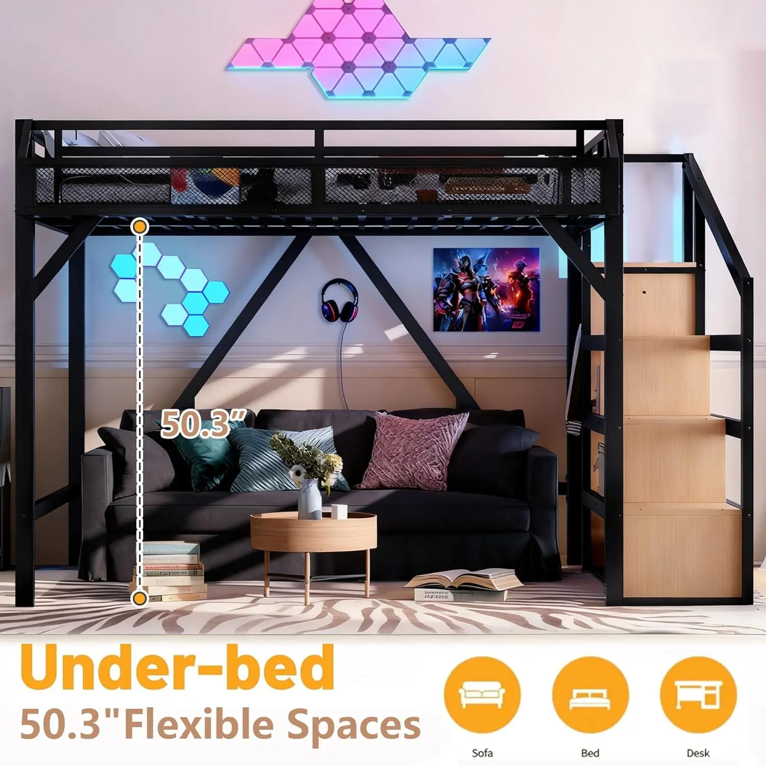 Twin XL Bed with Storage Stairs Shelves Wardrobe LED USB Noise-Reduced Natural Wood, Customized