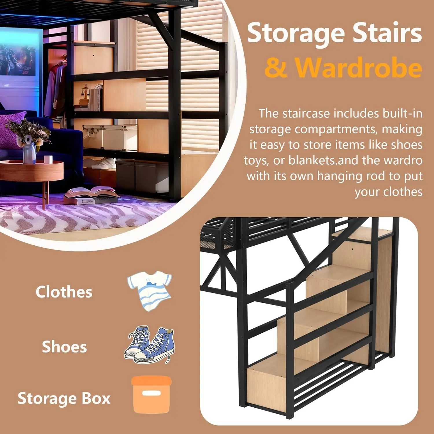 Twin XL Bed with Storage Stairs Shelves Wardrobe LED USB Noise-Reduced Natural Wood, Customized