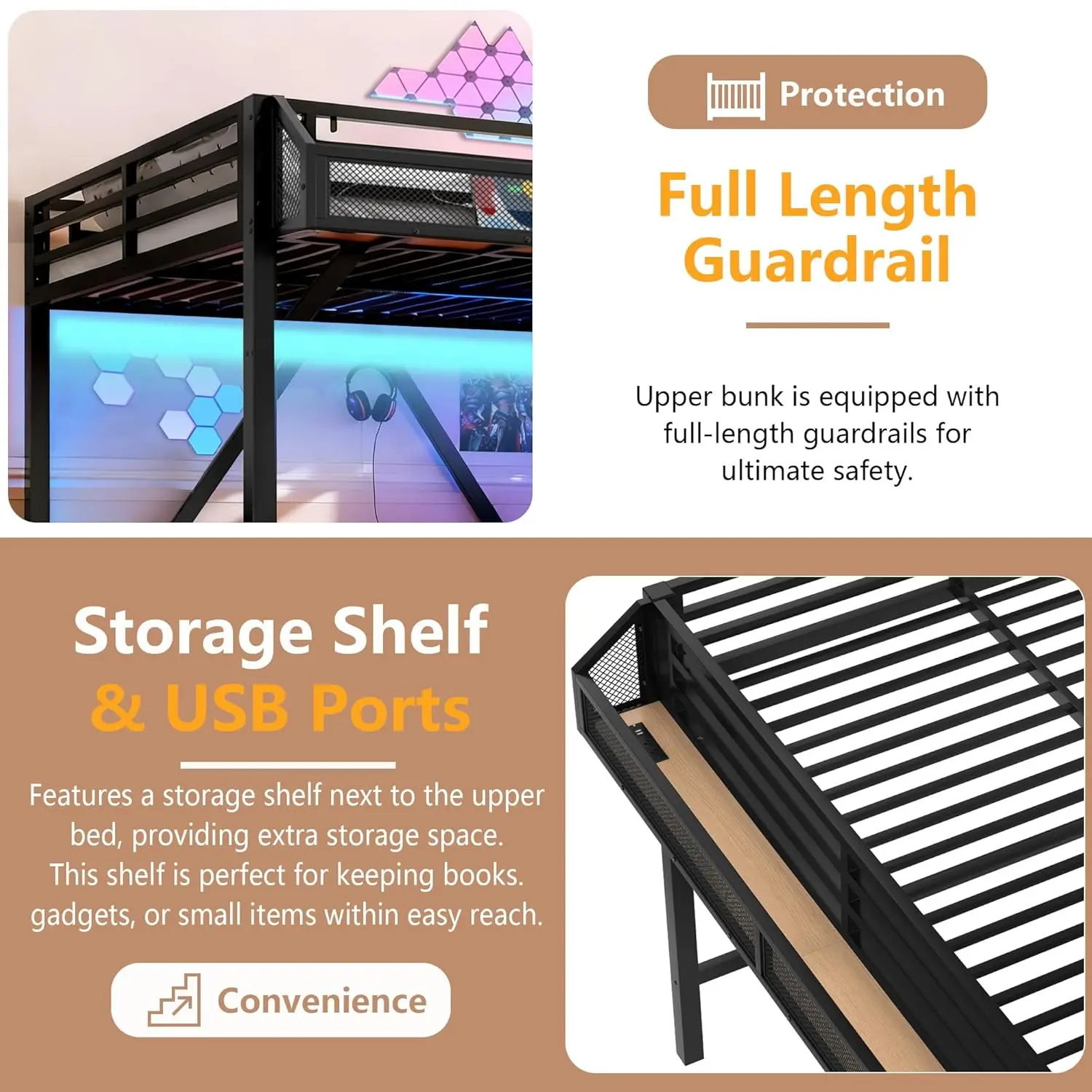 Twin XL Bed with Storage Stairs Shelves Wardrobe LED USB Noise-Reduced Natural Wood, Customized