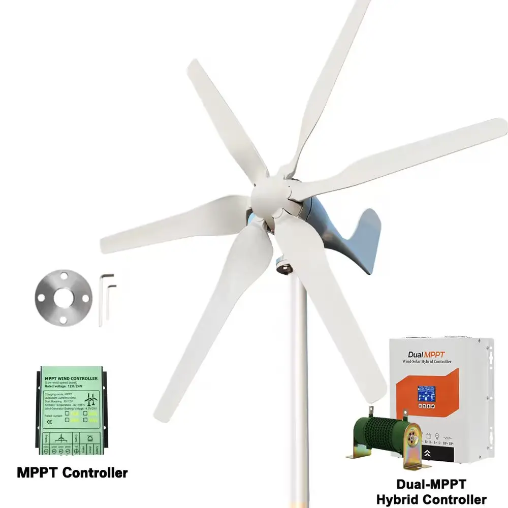 3000W Small Windmill 6 Blades 12/24/48V Wind Turbine Generator Kit with Wind-Solar Hybrid Controller Household Free Energy