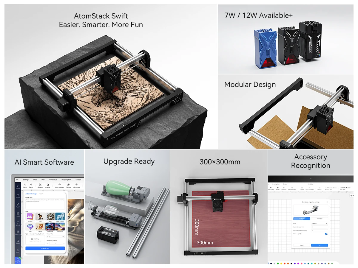 Atomstack Protable Laser Engraver 12W Swift For Wood Metal Glass DIY Supports LightBurn Software WiFi And Hotspot Connection