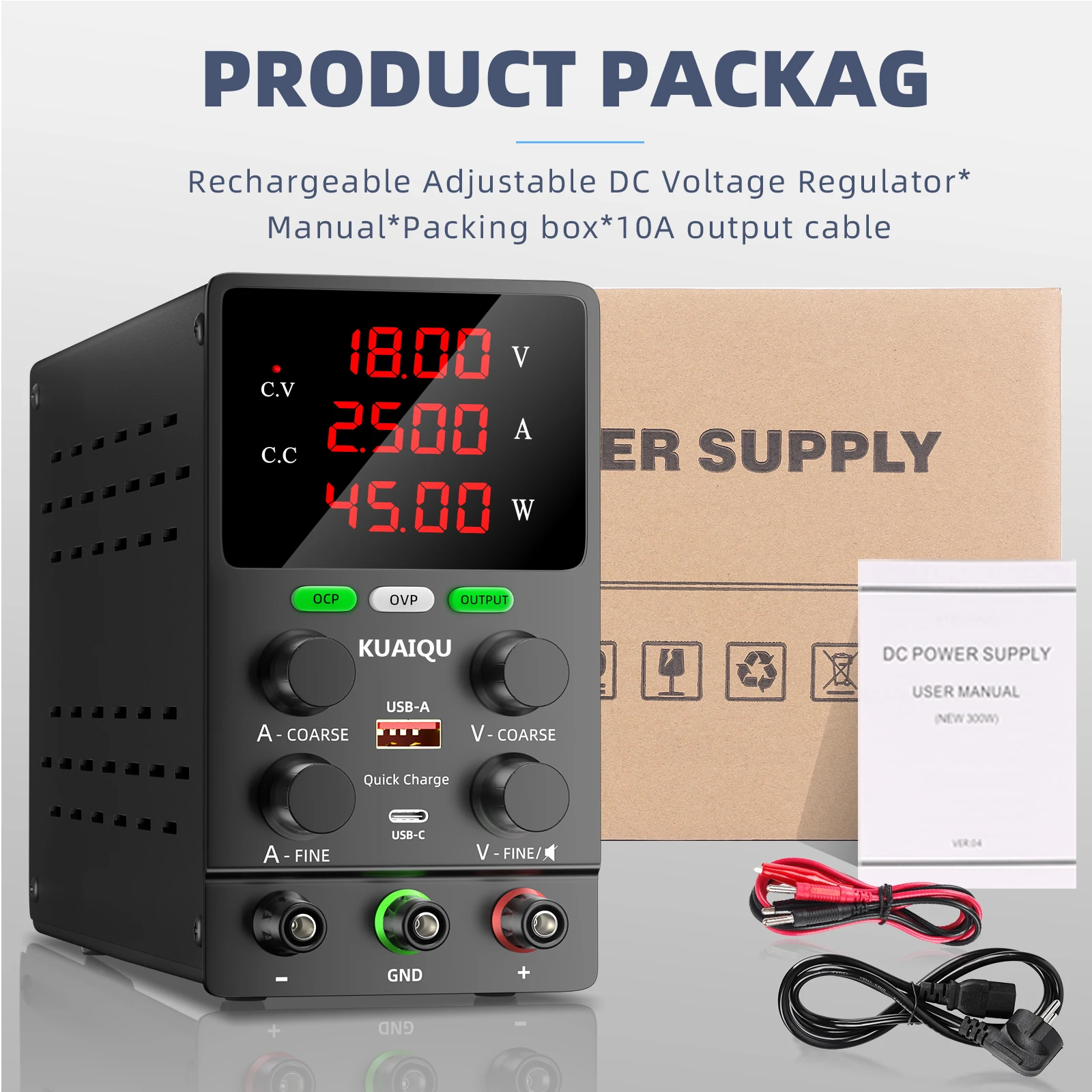 KUAIQU OCP OVP OUTPUT DC Power Supply 12V 24V 30V 10A Laboratory Adjustable Power Supply LED Lighting Sent from US Warehouse