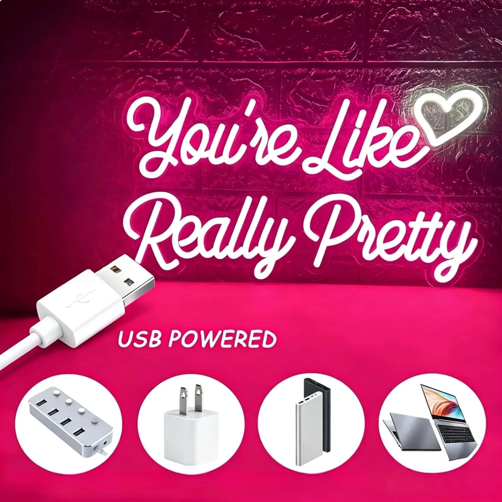 You're Like Really Pretty Neon Sign, Pink LED Neon Light for Wall Decor, Aesthetic Room Decor for Bedroom, USB Powered Gift