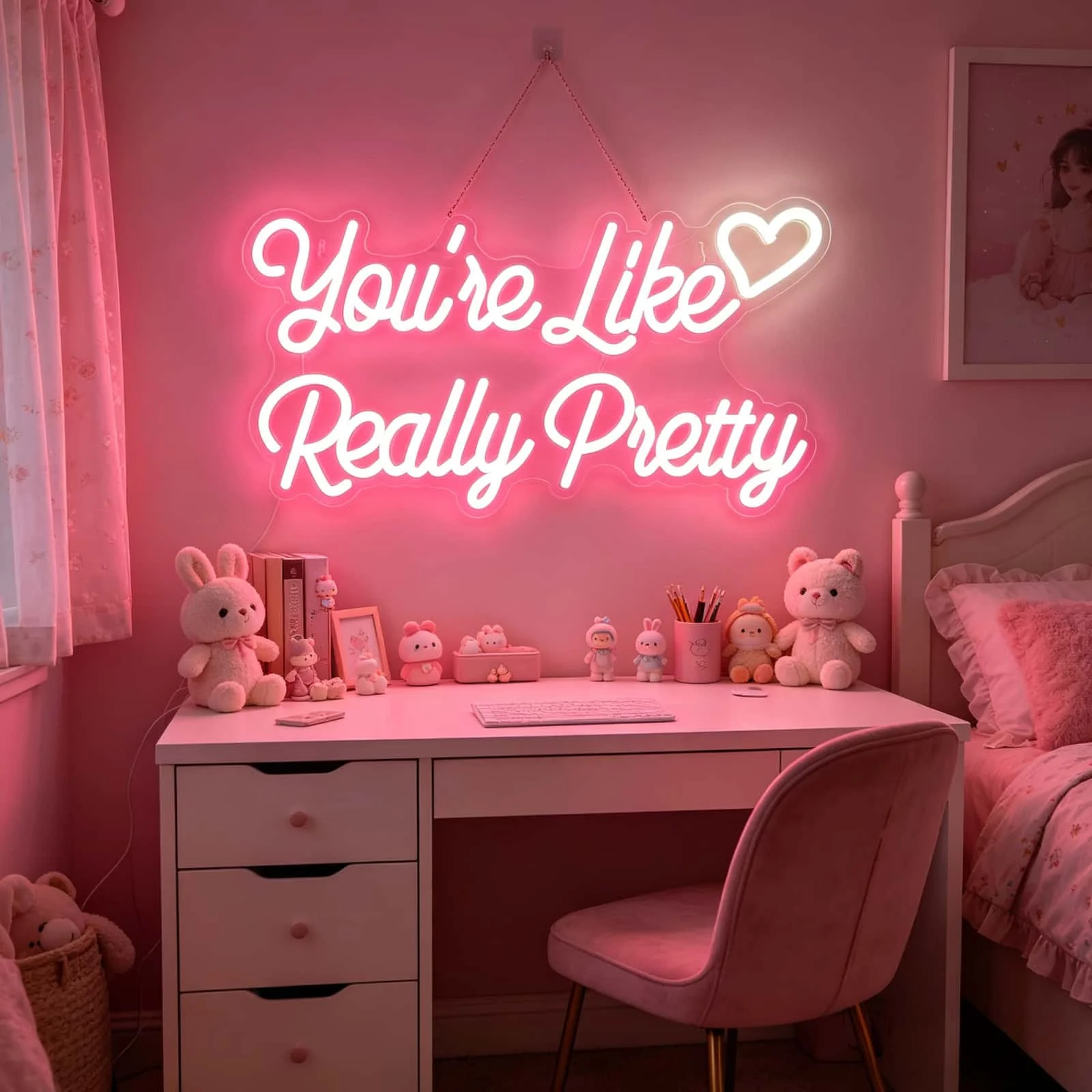 You're Like Really Pretty Neon Sign, Pink LED Neon Light for Wall Decor, Aesthetic Room Decor for Bedroom, USB Powered Gift