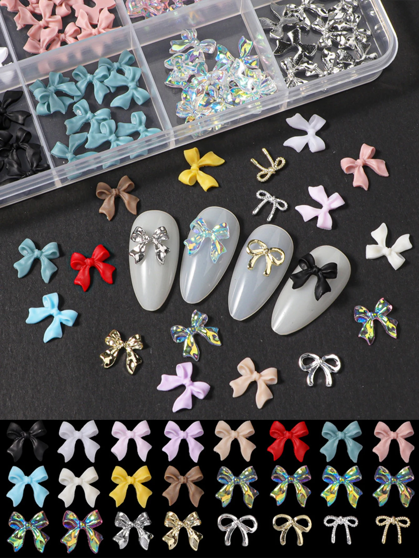 24 Grids of Nail Art Accessories, Resin Alloy Multi-Color Bow, Versatile Solid Color Streamer, Wearable Nail DIY Decoration