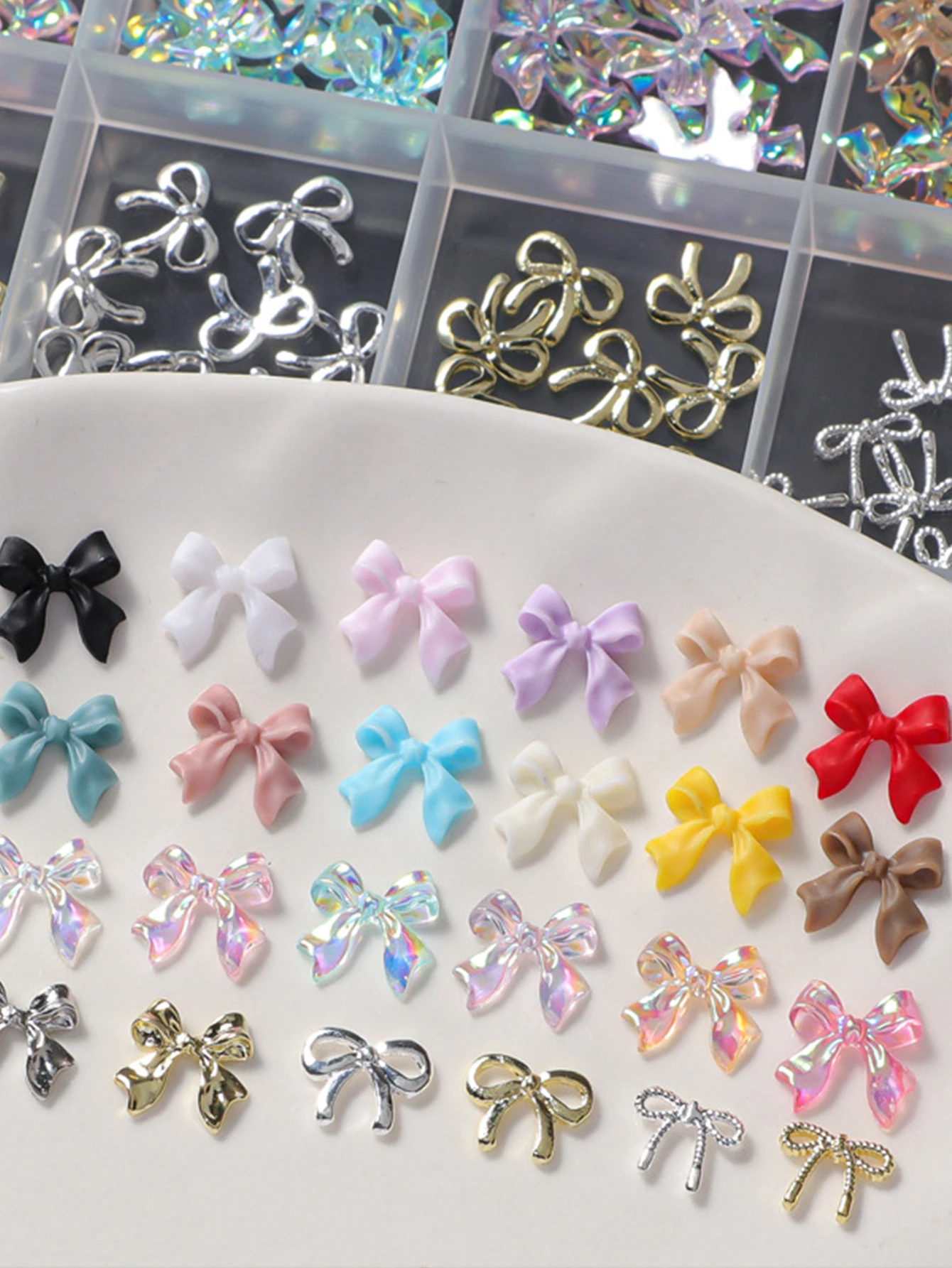 24 Grids of Nail Art Accessories, Resin Alloy Multi-Color Bow, Versatile Solid Color Streamer, Wearable Nail DIY Decoration