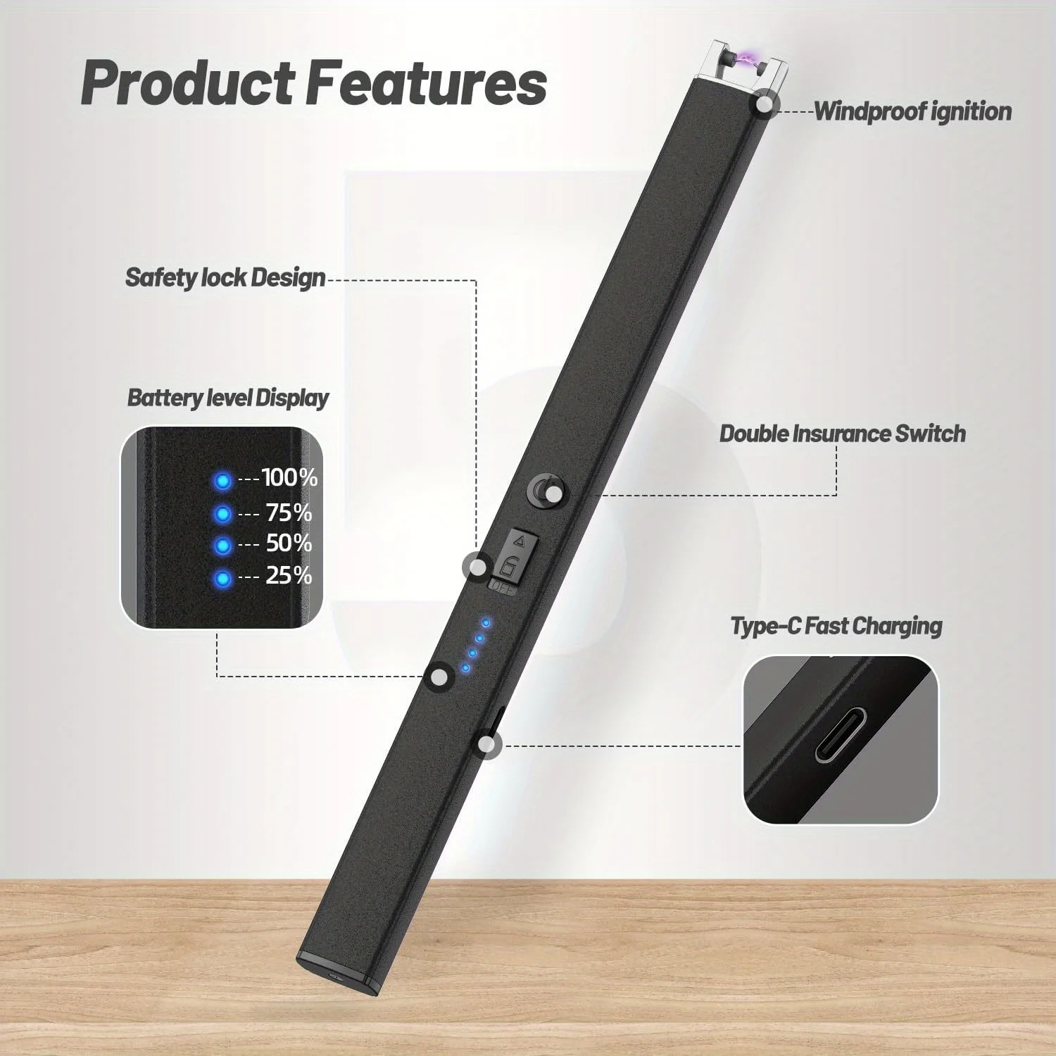 1PC/3PCS Plasma Candle Lighters Windproof Flameless Electric Lighter LED Power Display Safety Switch USB-C Rechargeable Camping