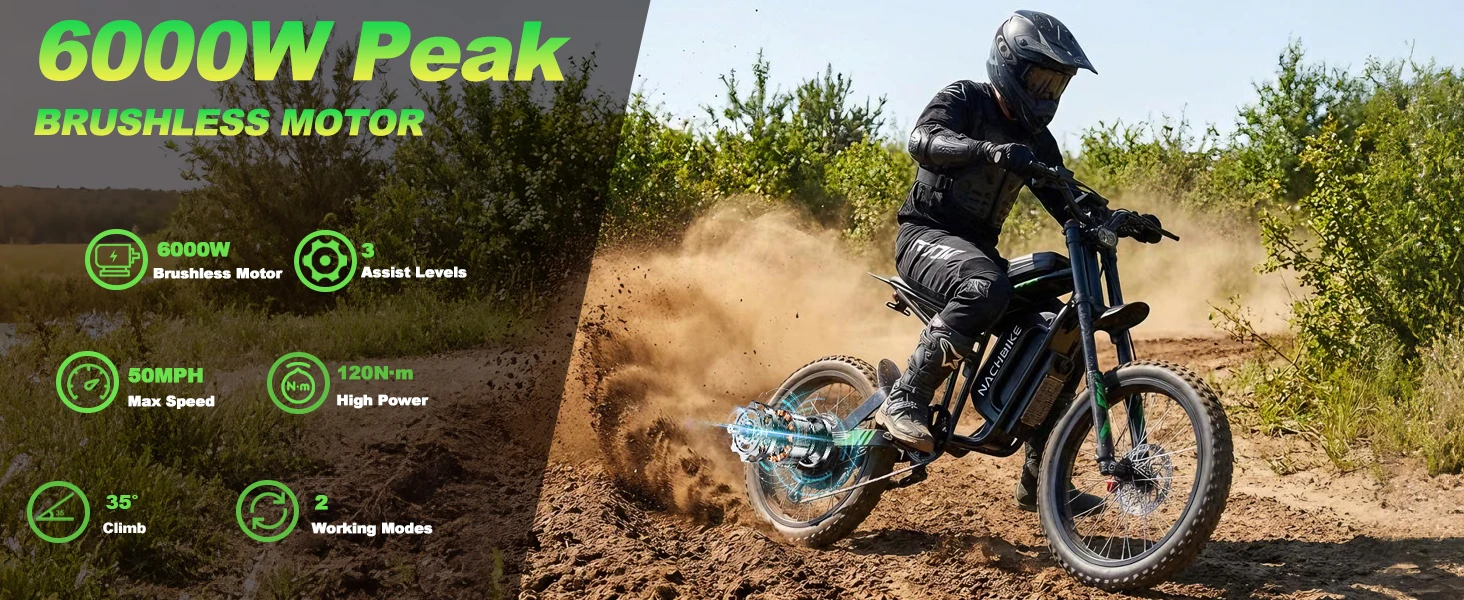 R3 50MPH Electric Dirt Bike 60V25Ah 1500Wh Battery 6000W Electric Bike Max 50Miles Ebike 19" Motorcycle Dual Hydraulic Brake