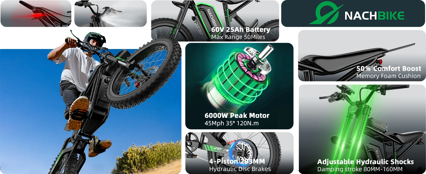 R3 50MPH Electric Dirt Bike 60V25Ah 1500Wh Battery 6000W Electric Bike Max 50Miles Ebike 19" Motorcycle Dual Hydraulic Brake