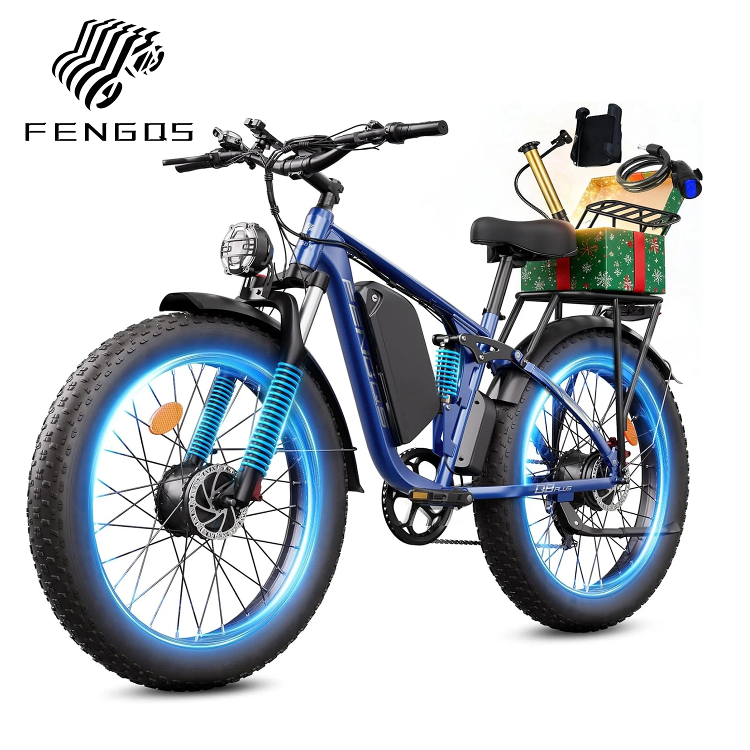 FENGQS Q8PLUS 52V 5000W Adult Fat Tire Mountain/Urban Electric Bicycle, Dual Motor Ebike, Front and Rear Double Shock Absorber Full Suspension. 100 Mile 26 inch Inflatable Tire Off-Road, Color Display Screen.