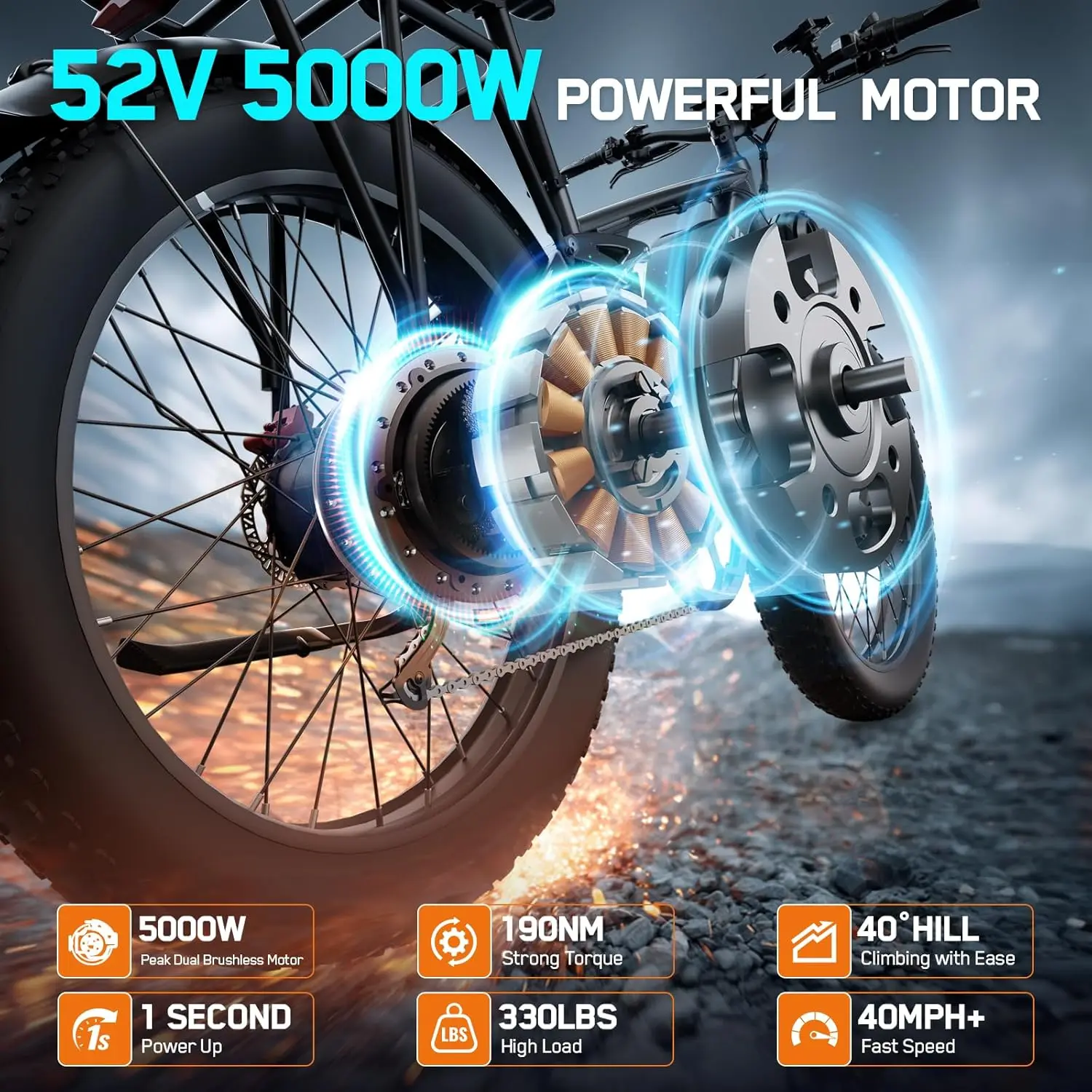 FENGQS Q8PLUS 52V 5000W Adult Fat Tire Mountain/Urban Electric Bicycle, Dual Motor Ebike, Front and Rear Double Shock Absorber Full Suspension. 100 Mile 26 inch Inflatable Tire Off-Road, Color Display Screen.