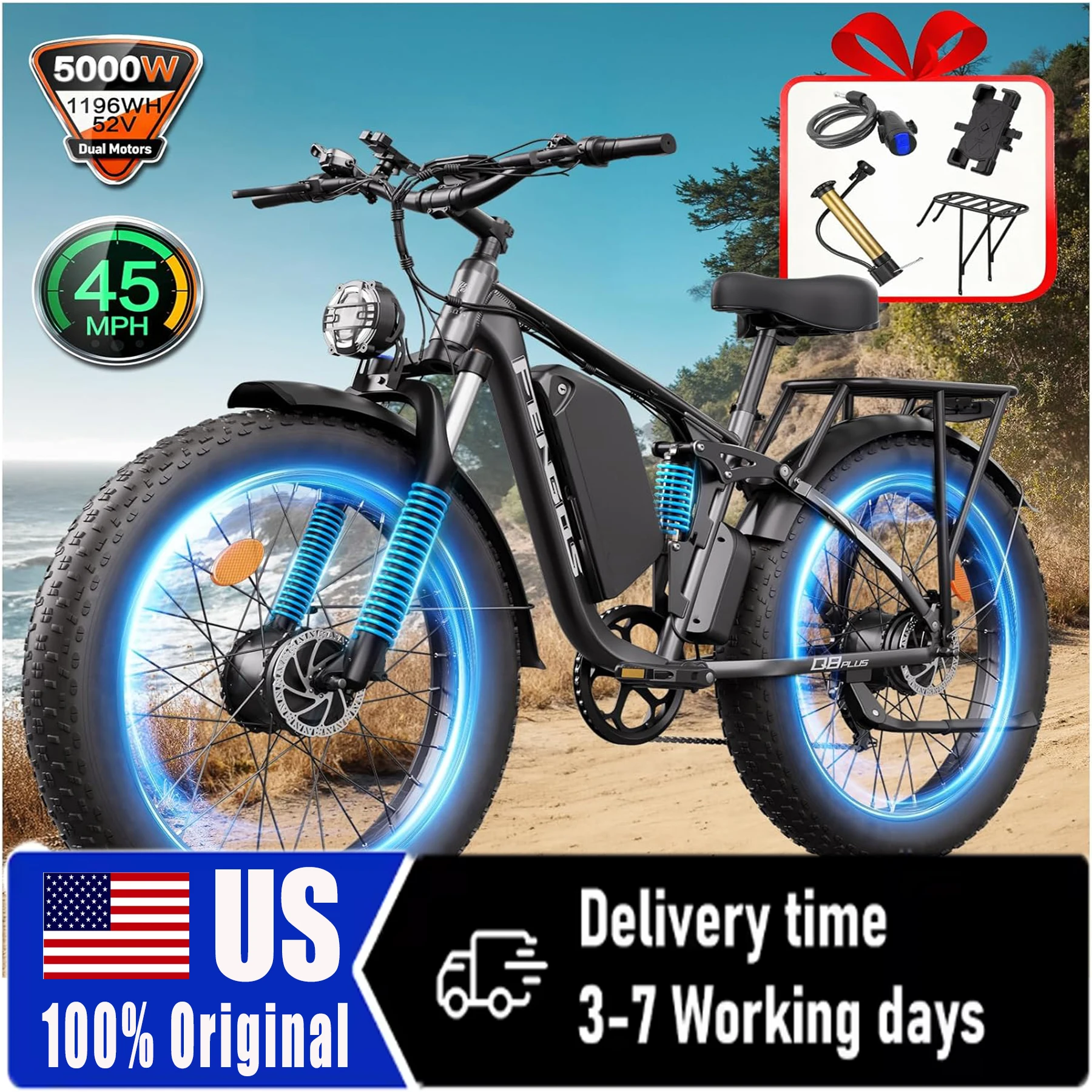 FENGQS Q8PLUS 52V 5000W Adult Fat Tire Mountain/Urban Electric Bicycle, Dual Motor Ebike, Front and Rear Double Shock Absorber Full Suspension. 100 Mile 26 inch Inflatable Tire Off-Road, Color Display Screen.