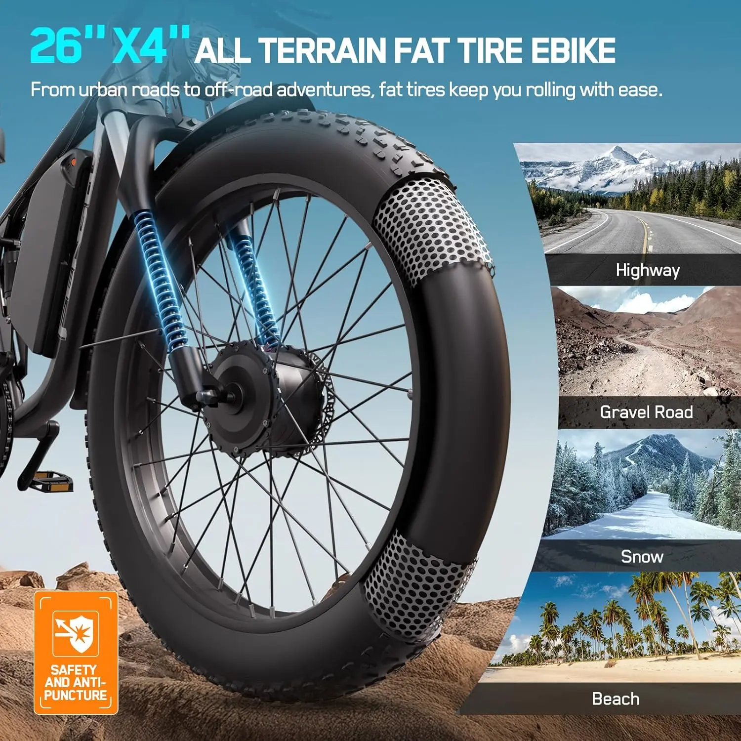 FENGQS Q8PLUS 52V 5000W Adult Fat Tire Mountain/Urban Electric Bicycle, Dual Motor Ebike, Front and Rear Double Shock Absorber Full Suspension. 100 Mile 26 inch Inflatable Tire Off-Road, Color Display Screen.