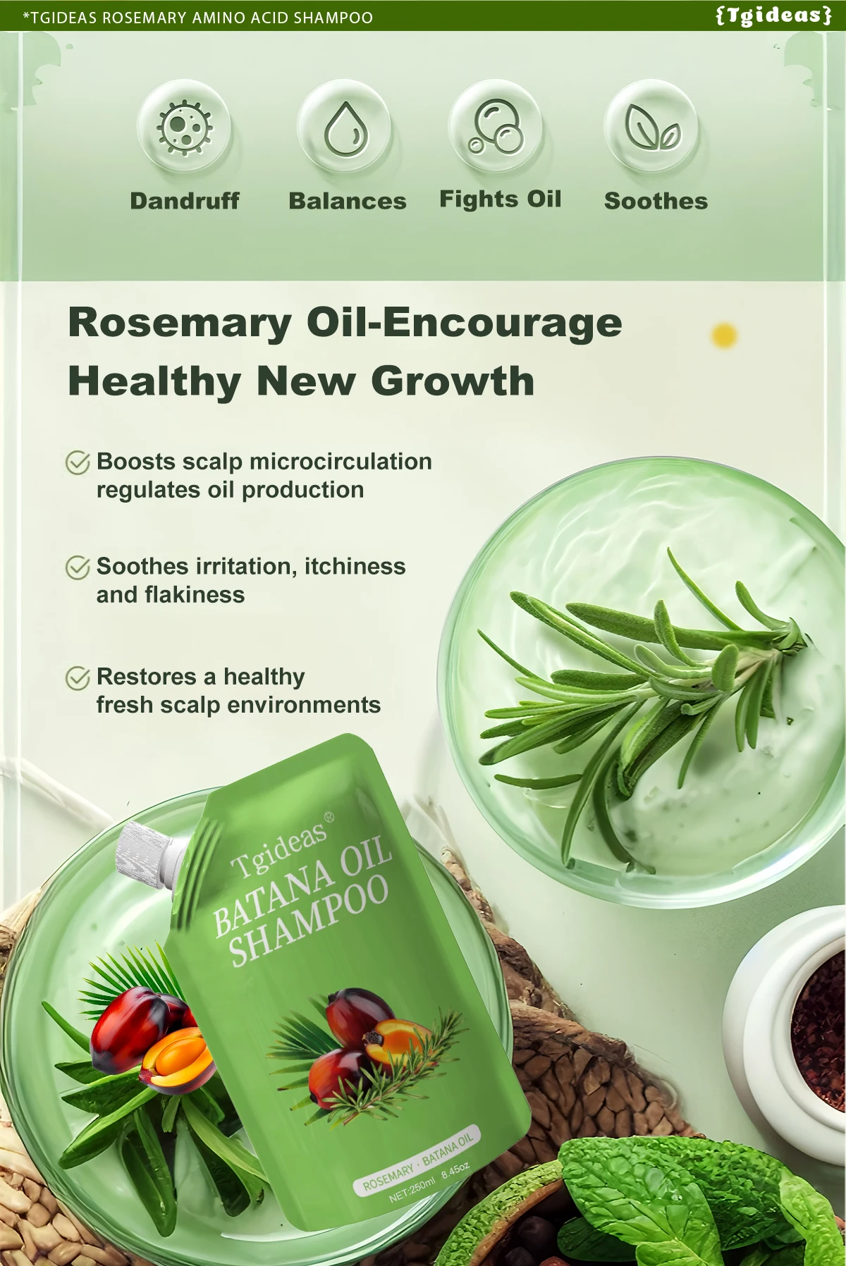 Tgideas Rosemary Batana Oil Shampoo - Promotes Hair Growth, Strengthens Hair Strands, Cleanses Hair, Contains Natural Extracts to