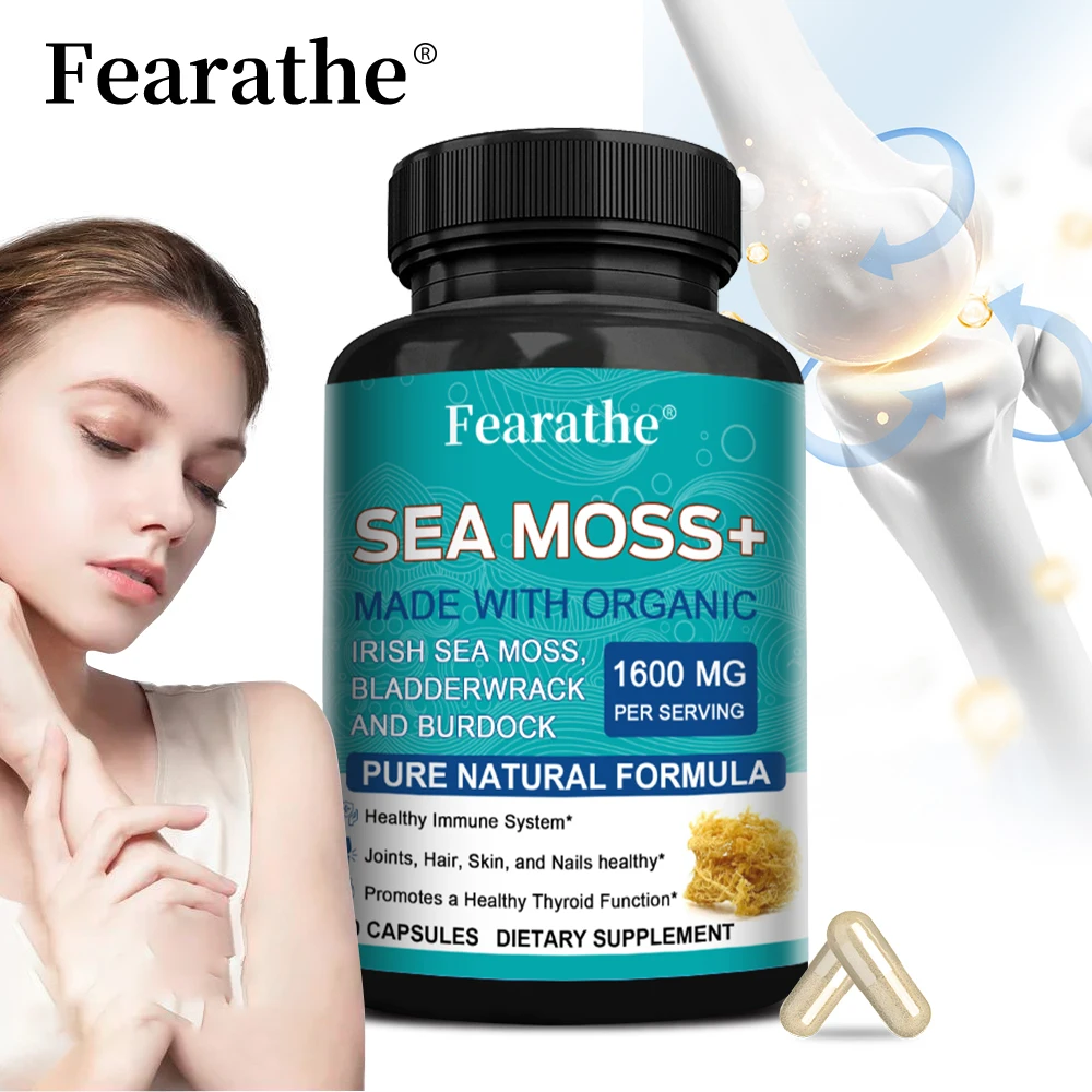 Sea Moss Capsules 1600mg - with Burdock, Bladderwrack for Thyroid and Immune Support, Cells, Skin, Hair, Nails, Gut Cleansing