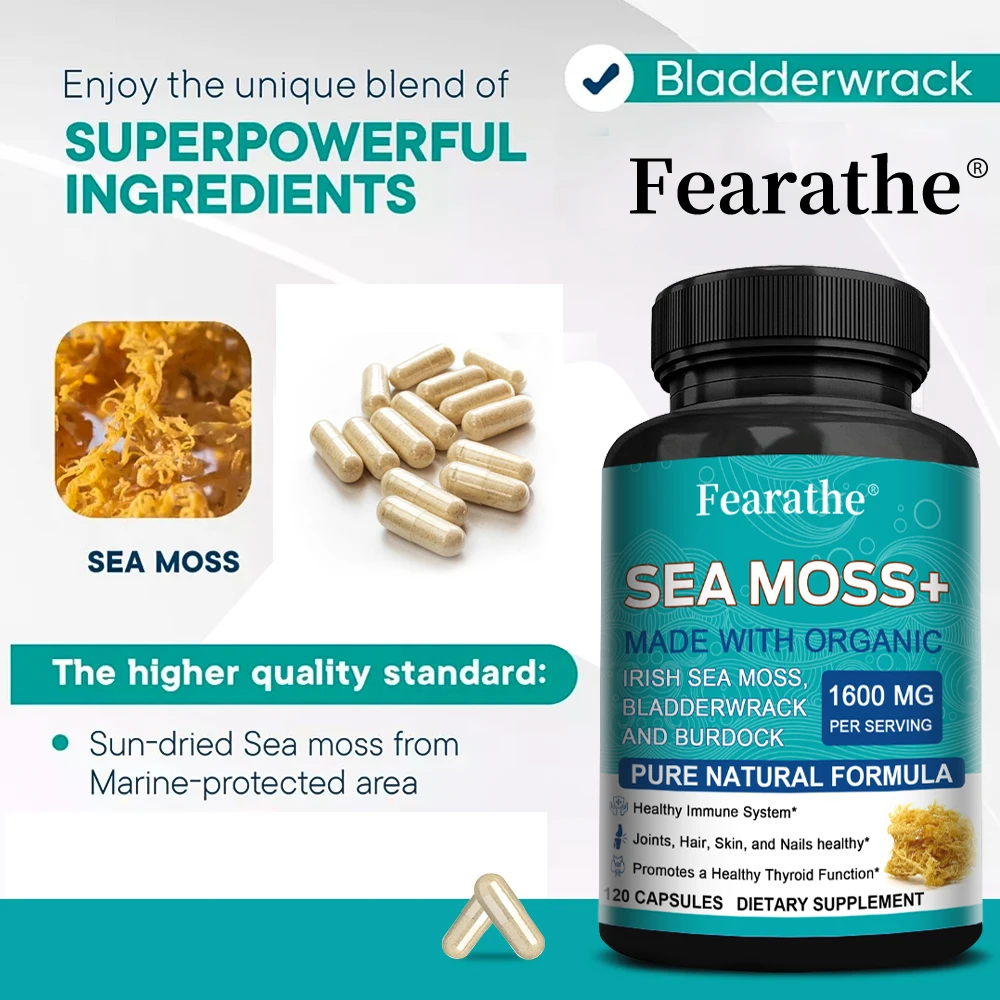 Sea Moss Capsules 1600mg - with Burdock, Bladderwrack for Thyroid and Immune Support, Cells, Skin, Hair, Nails, Gut Cleansing