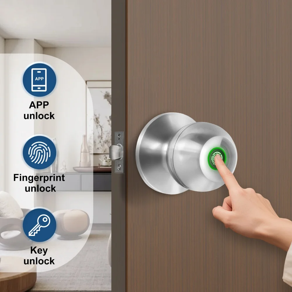 YFK TUYA Smart Life Fingerprint Door Lock Knob, Keyless Entry Bluetooth Electronic Door Lock with Tuya APP Control Password Key Unlock Auto Lock for Home Bedroom Office Hotel