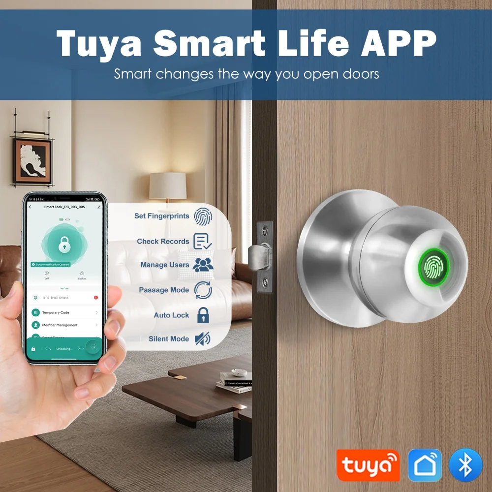 YFK TUYA Smart Life Fingerprint Door Lock Knob, Keyless Entry Bluetooth Electronic Door Lock with Tuya APP Control Password Key Unlock Auto Lock for Home Bedroom Office Hotel
