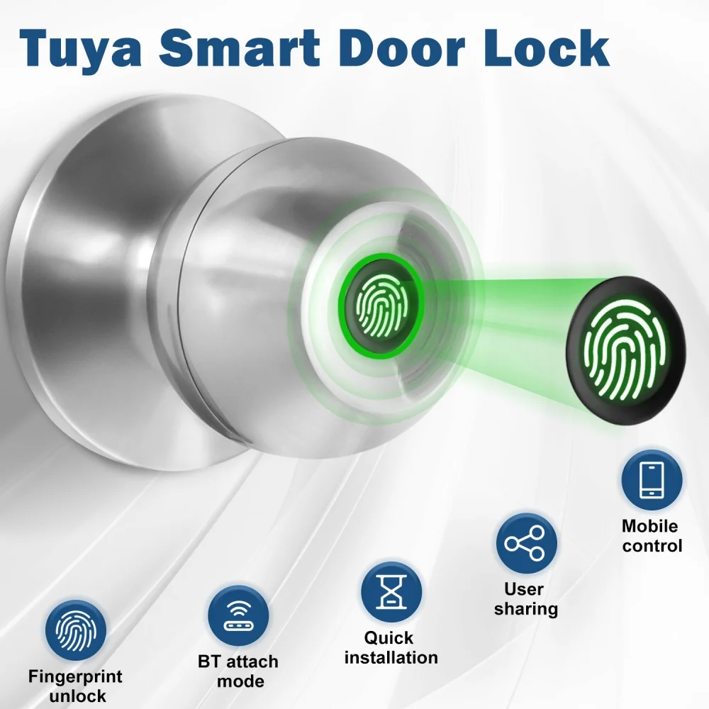 YFK TUYA Smart Life Fingerprint Door Lock Knob, Keyless Entry Bluetooth Electronic Door Lock with Tuya APP Control Password Key Unlock Auto Lock for Home Bedroom Office Hotel