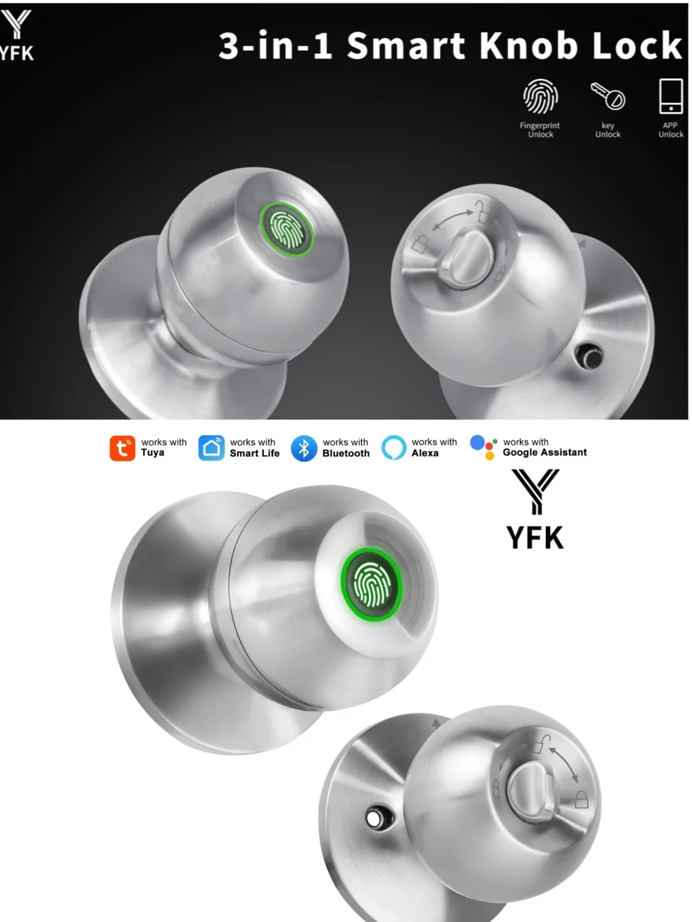 YFK TUYA Smart Life Fingerprint Door Lock Knob, Keyless Entry Bluetooth Electronic Door Lock with Tuya APP Control Password Key Unlock Auto Lock for Home Bedroom Office Hotel