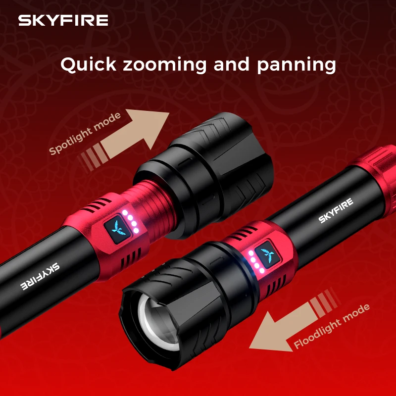 SKYFIRE new high-brightness LED rechargeable flashlight, which can be adjusted to 4 different modes, has a battery life of 17 hours and is suitable for camping, home use and outdoor activities.