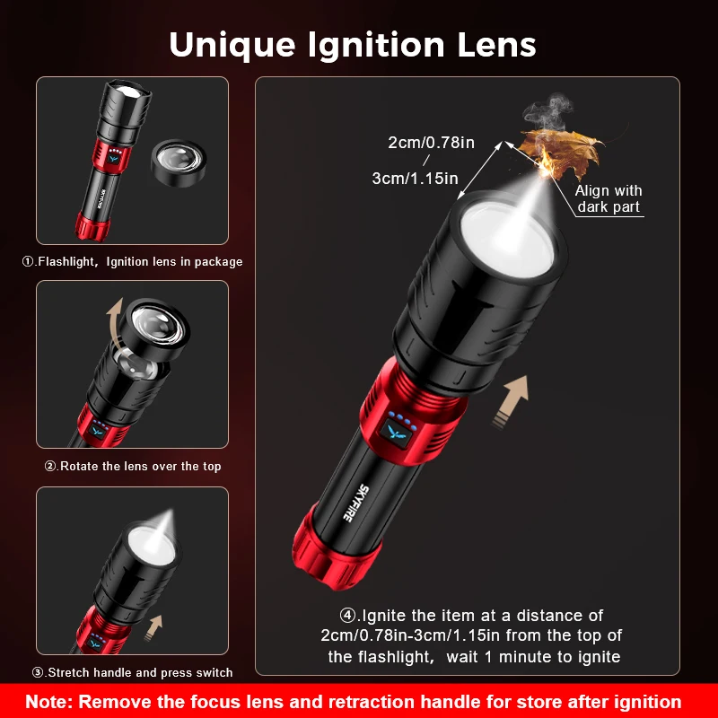 SKYFIRE new high-brightness LED rechargeable flashlight, which can be adjusted to 4 different modes, has a battery life of 17 hours and is suitable for camping, home use and outdoor activities.