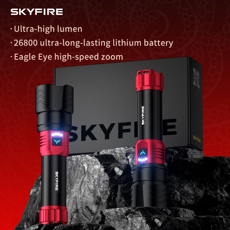 SKYFIRE new high-brightness LED rechargeable flashlight, which can be adjusted to 4 different modes, has a battery life of 17 hours and is suitable for camping, home use and outdoor activities.