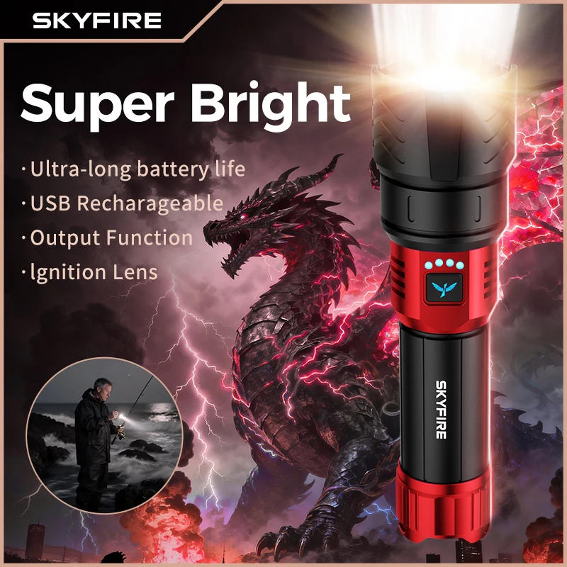 SKYFIRE new high-brightness LED rechargeable flashlight, which can be adjusted to 4 different modes, has a battery life of 17 hours and is suitable for camping, home use and outdoor activities.