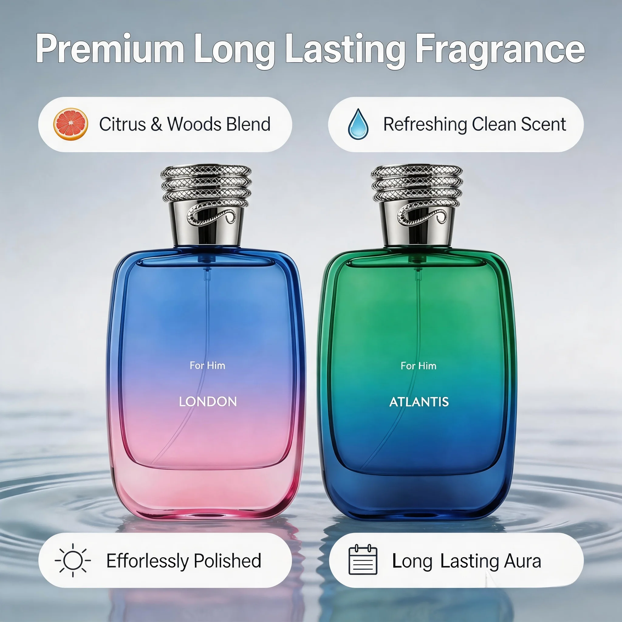 Men Eau De Parfum, London / Atlantis 2 Scents Optional, Fresh Aquatic Woody Long Lasting Cologne for Daily & Night Out