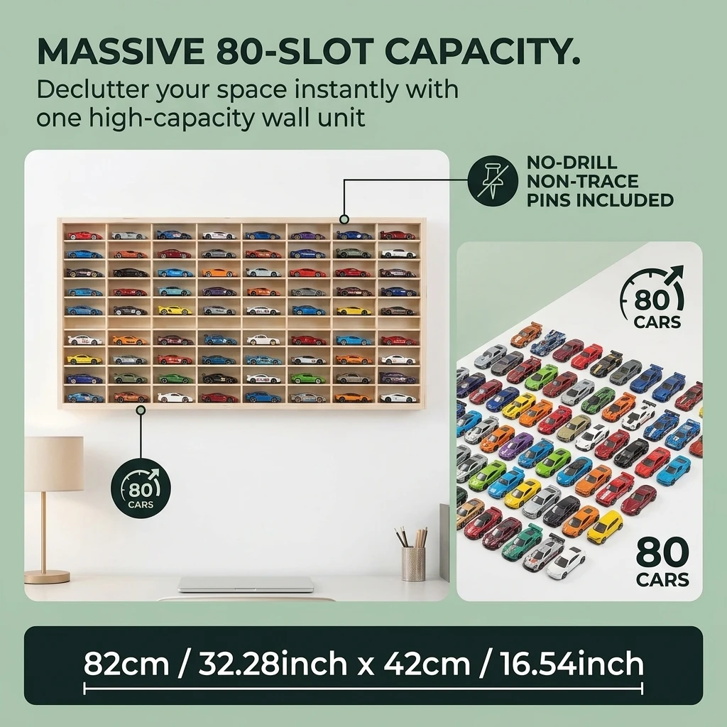80 Slots Real Wood 1:64 Diecast Toy Car Display Case Wall Mounted Display Rack Holder Open Shelf Storage Organizer for Small Model Cars Collection Premium Solid Wood Grids Display Unit Mini Vehicles Storage Box Large Capacity Shadow Box Home Garage Decor