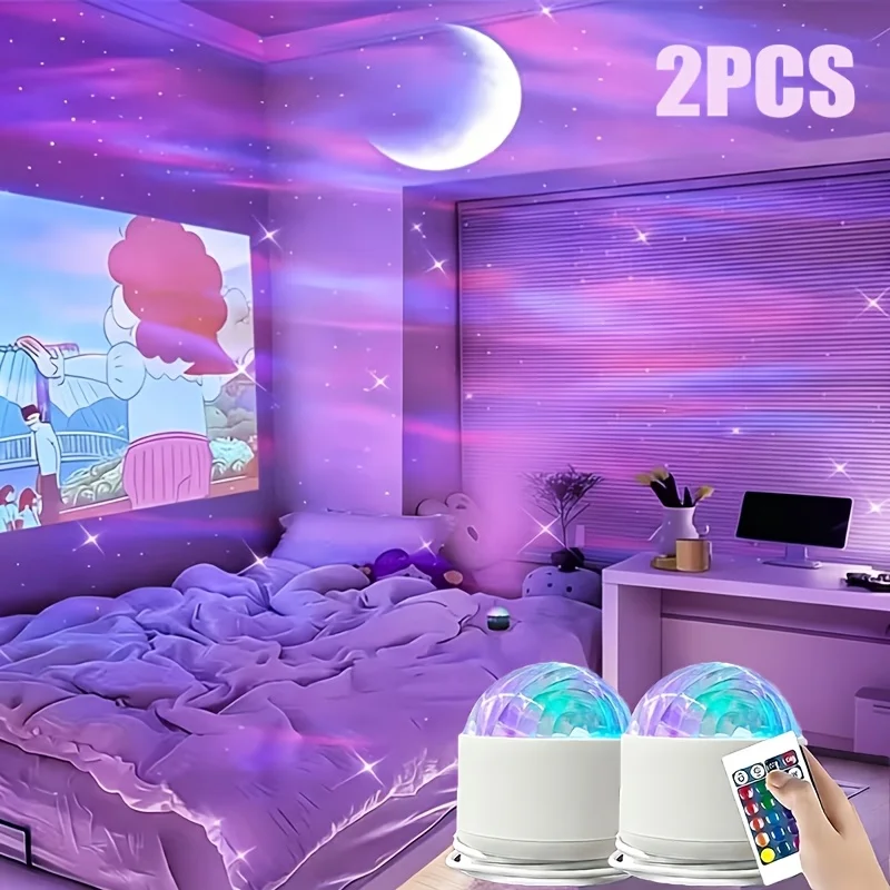 2 RGB Remote Control Wave Projector Lamp | Adjustable Aurora and Galaxy Night Lights, Stepless Dimming, Ideal for Bedrooms, Home Theaters, and Dome Lighting, USB Rechargeable, Multiple Colors