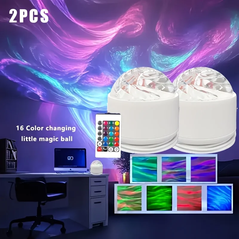 2 RGB Remote Control Wave Projector Lamp | Adjustable Aurora and Galaxy Night Lights, Stepless Dimming, Ideal for Bedrooms, Home Theaters, and Dome Lighting, USB Rechargeable, Multiple Colors