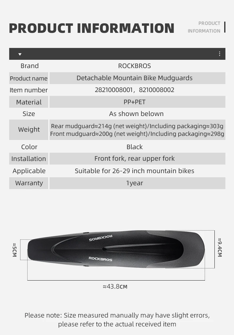 ROCKBROS Bicycle Mudguard Mountain Bike Fenders Widen Quick Release 26-29 Inch Bike Durable Adjustable Fender Bicycle Accessary