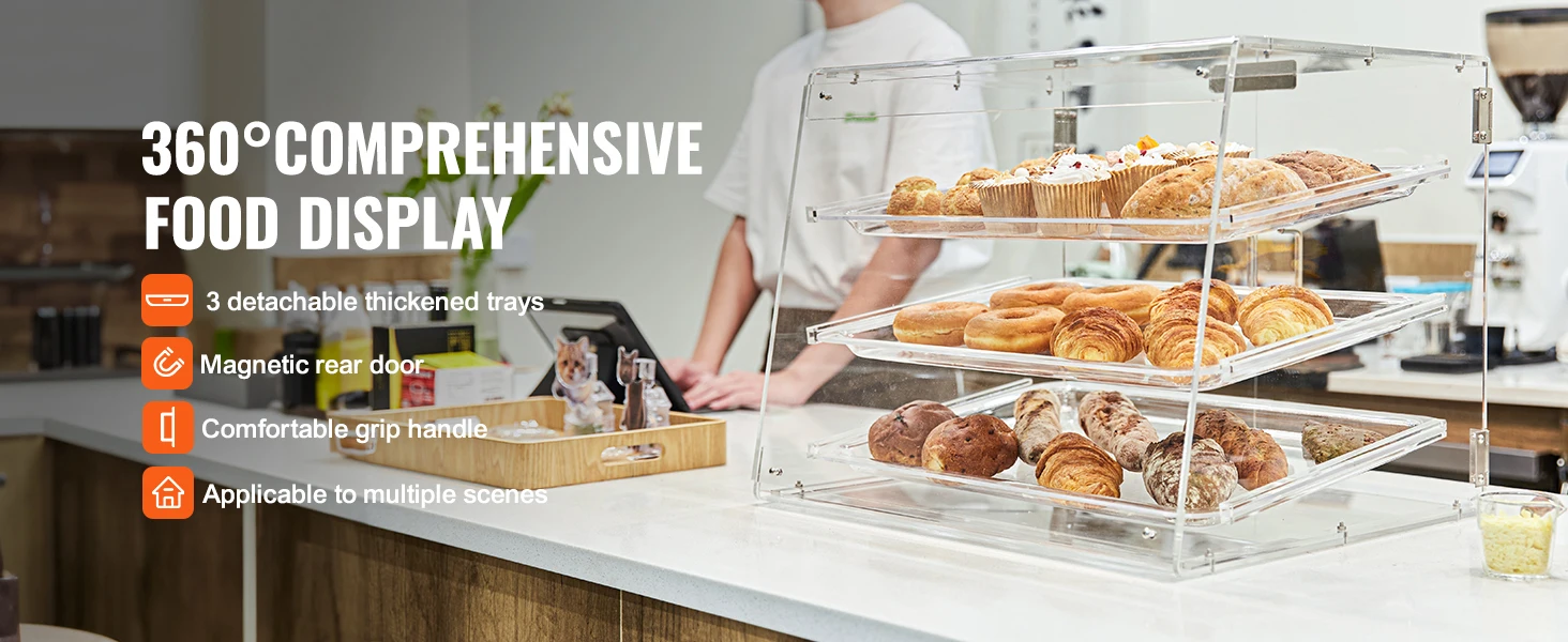 SucceBuy 2/3-Tier Commercial Acrylic Pastry Bakery Display Case with Rear Door Access & Removable Shelves for Donut Bagels Cake
