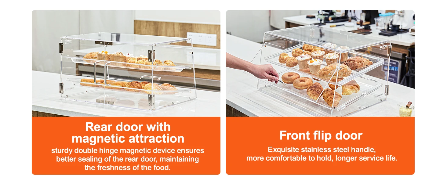 SucceBuy 2/3-Tier Commercial Acrylic Pastry Bakery Display Case with Rear Door Access & Removable Shelves for Donut Bagels Cake