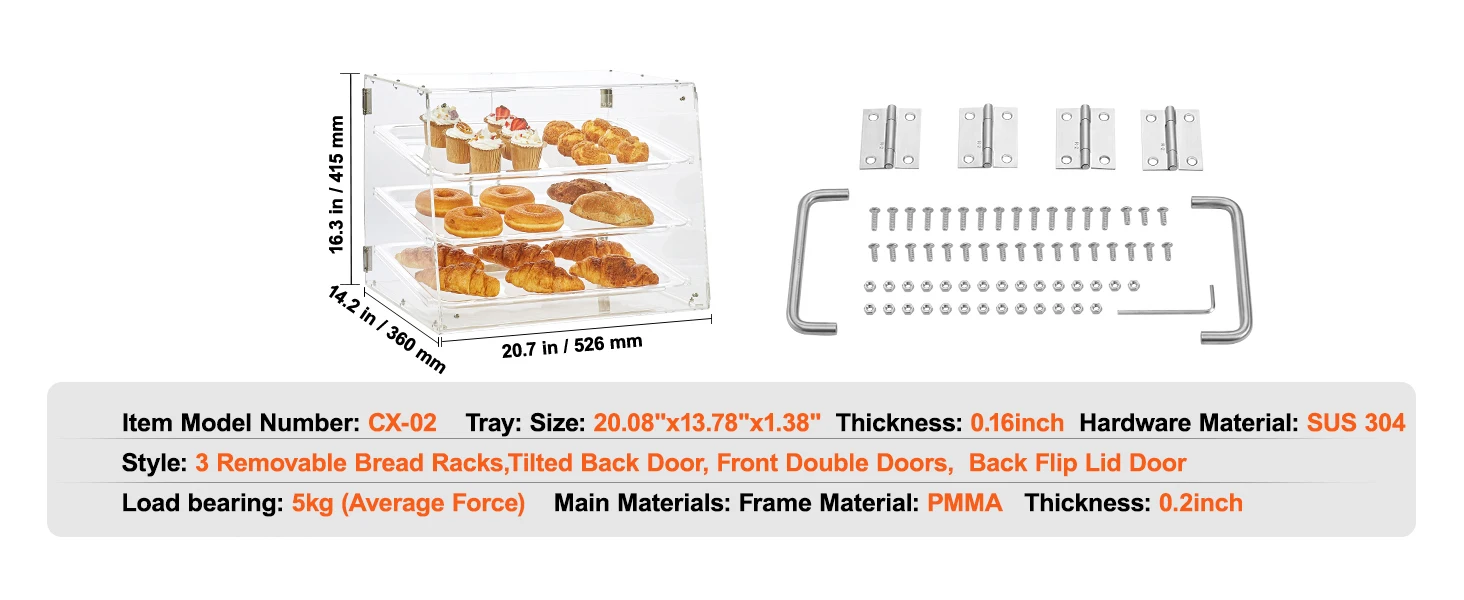 SucceBuy 2/3-Tier Commercial Acrylic Pastry Bakery Display Case with Rear Door Access & Removable Shelves for Donut Bagels Cake