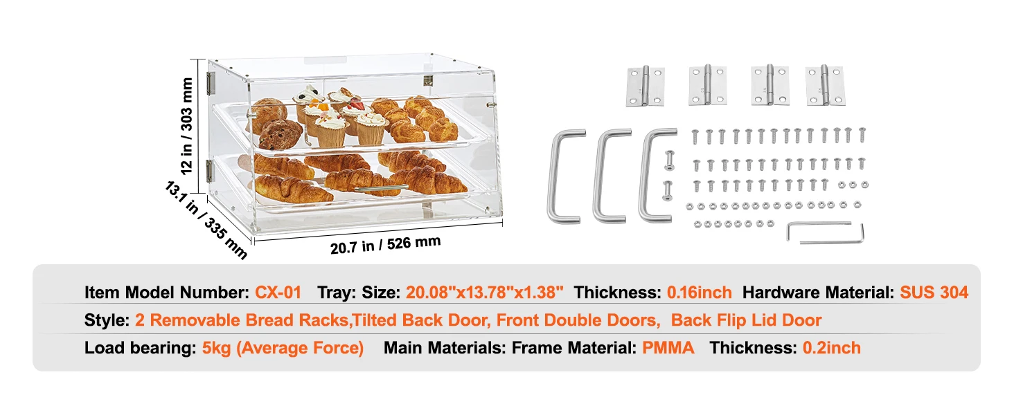 SucceBuy 2/3-Tier Commercial Acrylic Pastry Bakery Display Case with Rear Door Access & Removable Shelves for Donut Bagels Cake