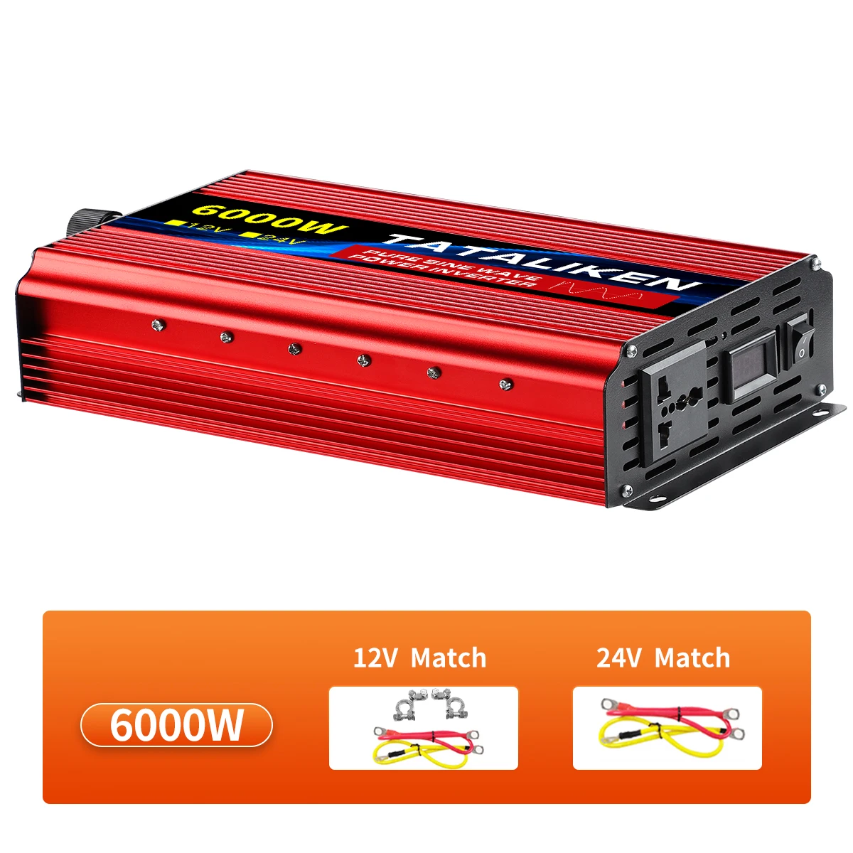 Power Inverter 1600W-10000W Pure Sine Wave12V/24V DC to 110V/220V Converter with Type-C Ports 2 AC Power Outlets  LCD Display