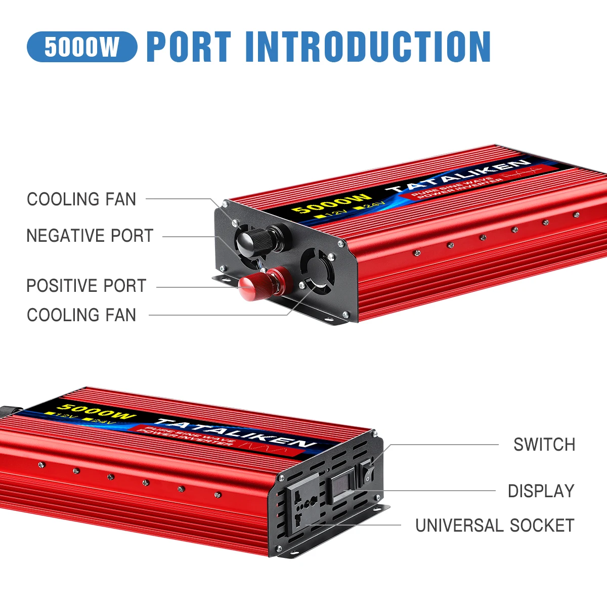 Power Inverter 1600W-10000W Pure Sine Wave12V/24V DC to 110V/220V Converter with Type-C Ports 2 AC Power Outlets  LCD Display