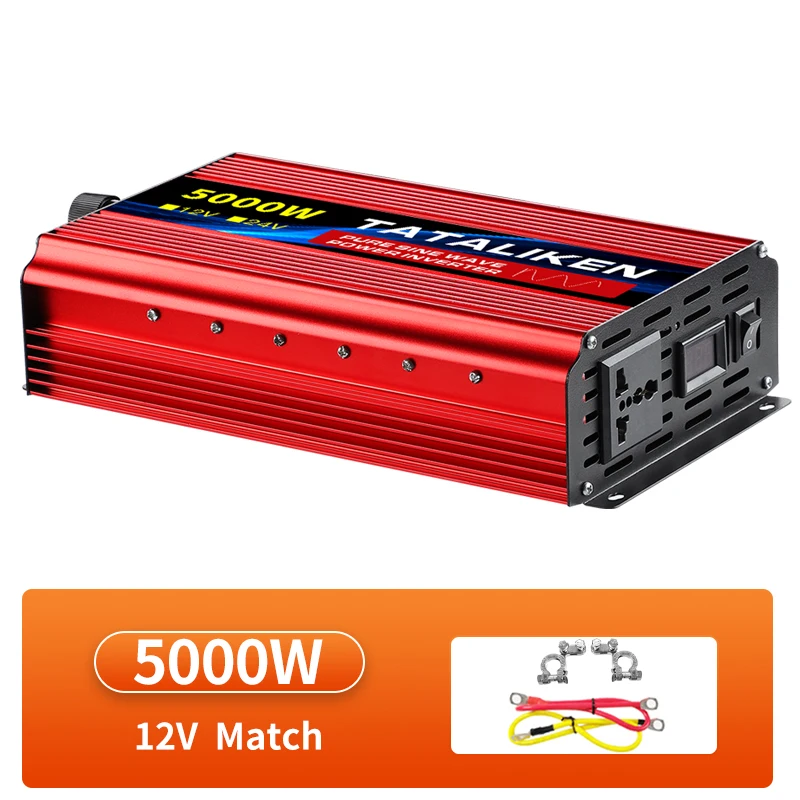Power Inverter 1600W-10000W Pure Sine Wave12V/24V DC to 110V/220V Converter with Type-C Ports 2 AC Power Outlets  LCD Display