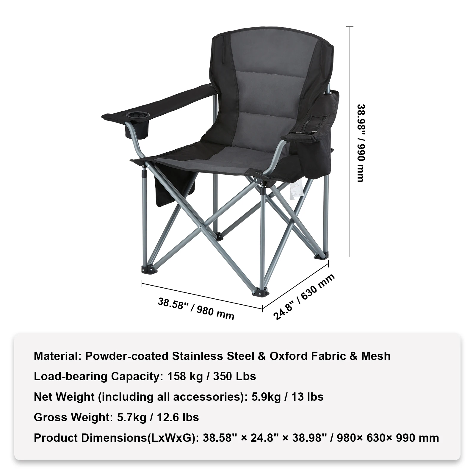 SucceBuy Camping Folding Chair for Adults Portable Quad Lumbar Back Padded Arm Chairs with Side Pockets for Beach, Lawn, Picnic
