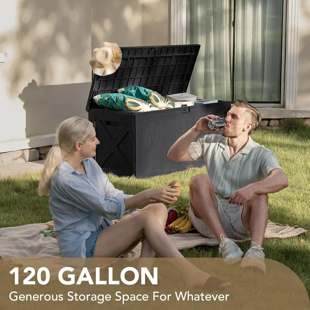 Devoko 120 Gallon Deck Box Resin Outdoor Storage Box Waterproof for Patio, Large Outdoor Storage Bench Lockable for Outside