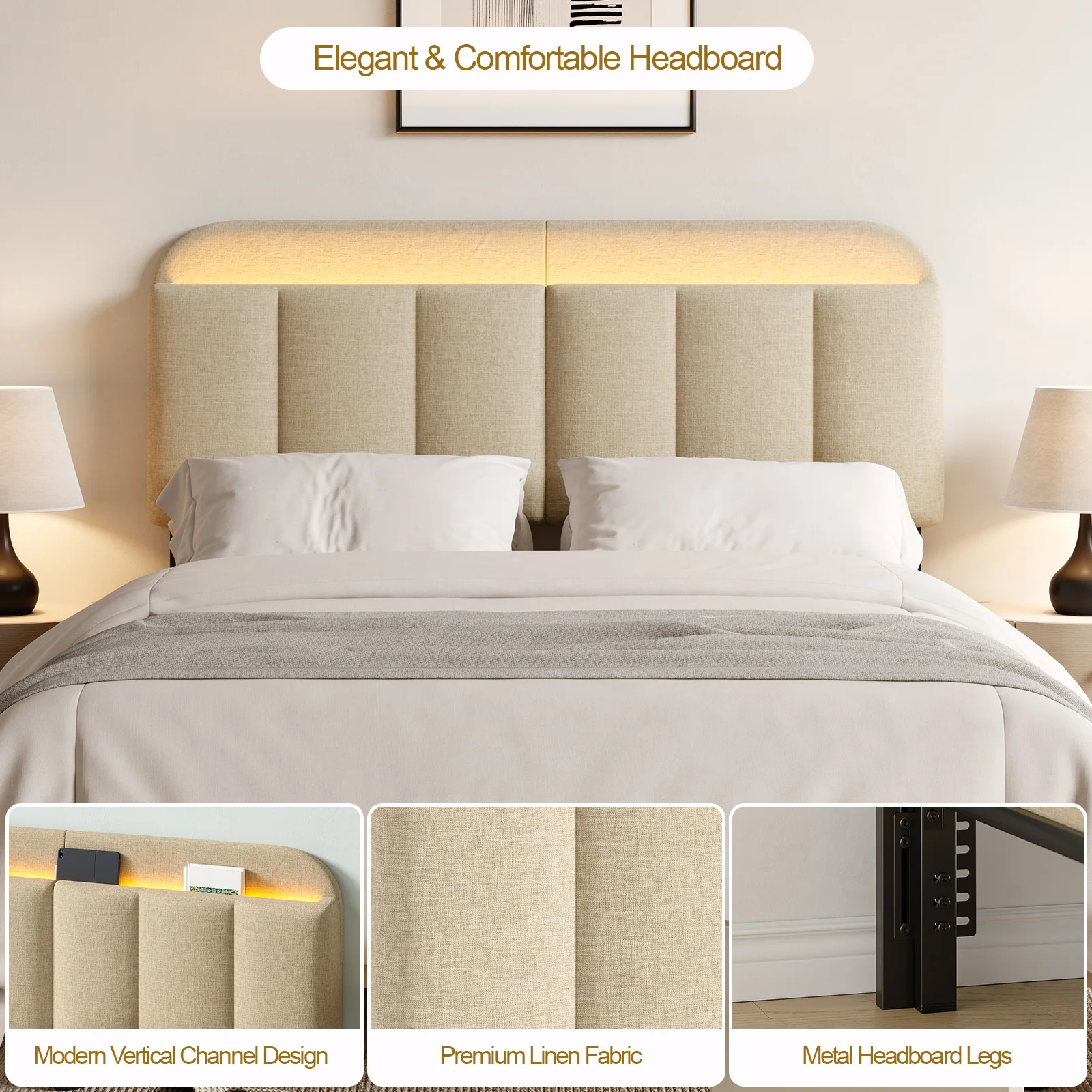 Adjustable Headboard for Full King Size Bed Frame,Linen Fabric Bed Headboard Storage & RGB LED Light in Vertical Channel Design