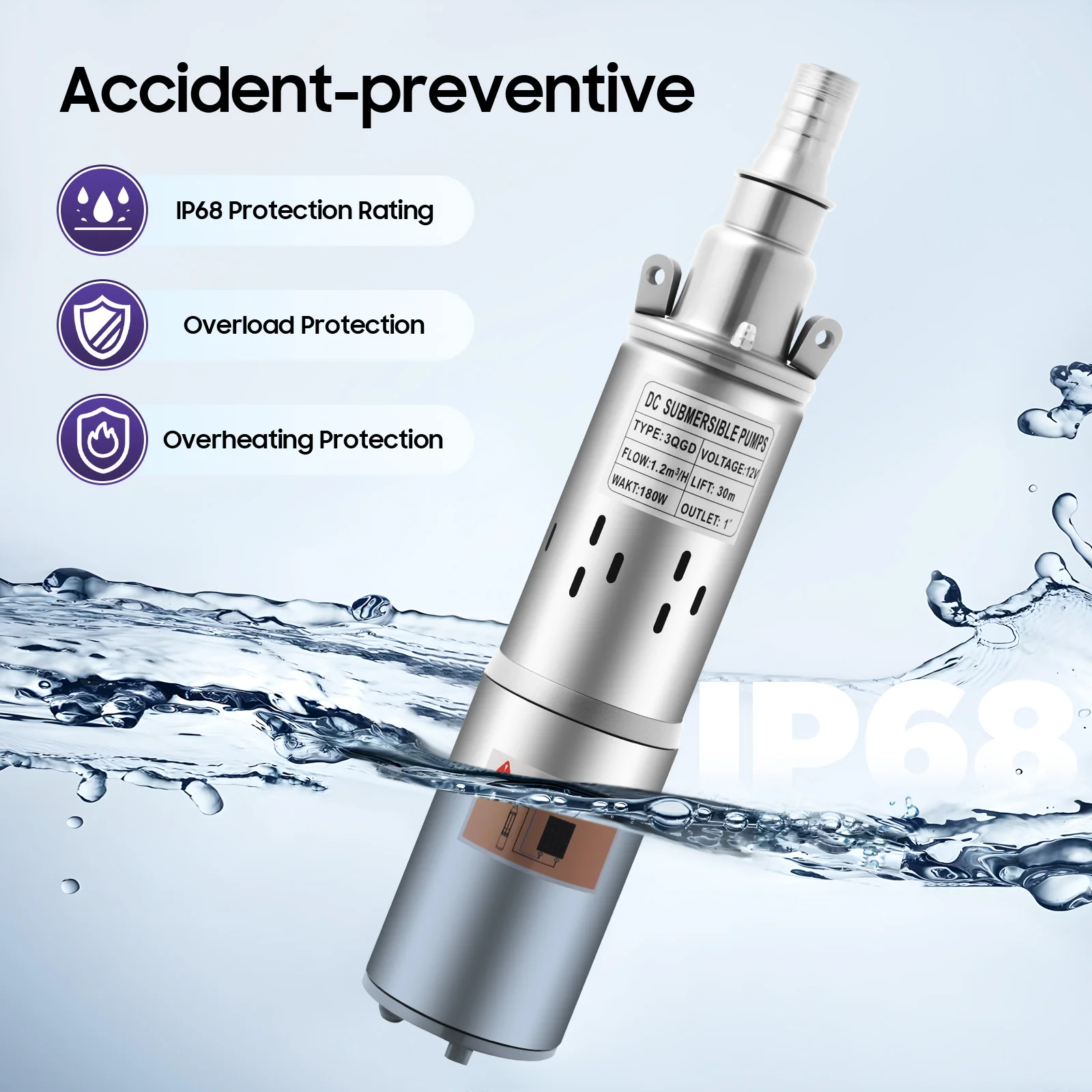 12V Solar Water Pump 180W 98ft Lift Stainless Steel Submersible Pump IP68 Waterproof for Deep Well Pond Irrigation Off-Grid Use