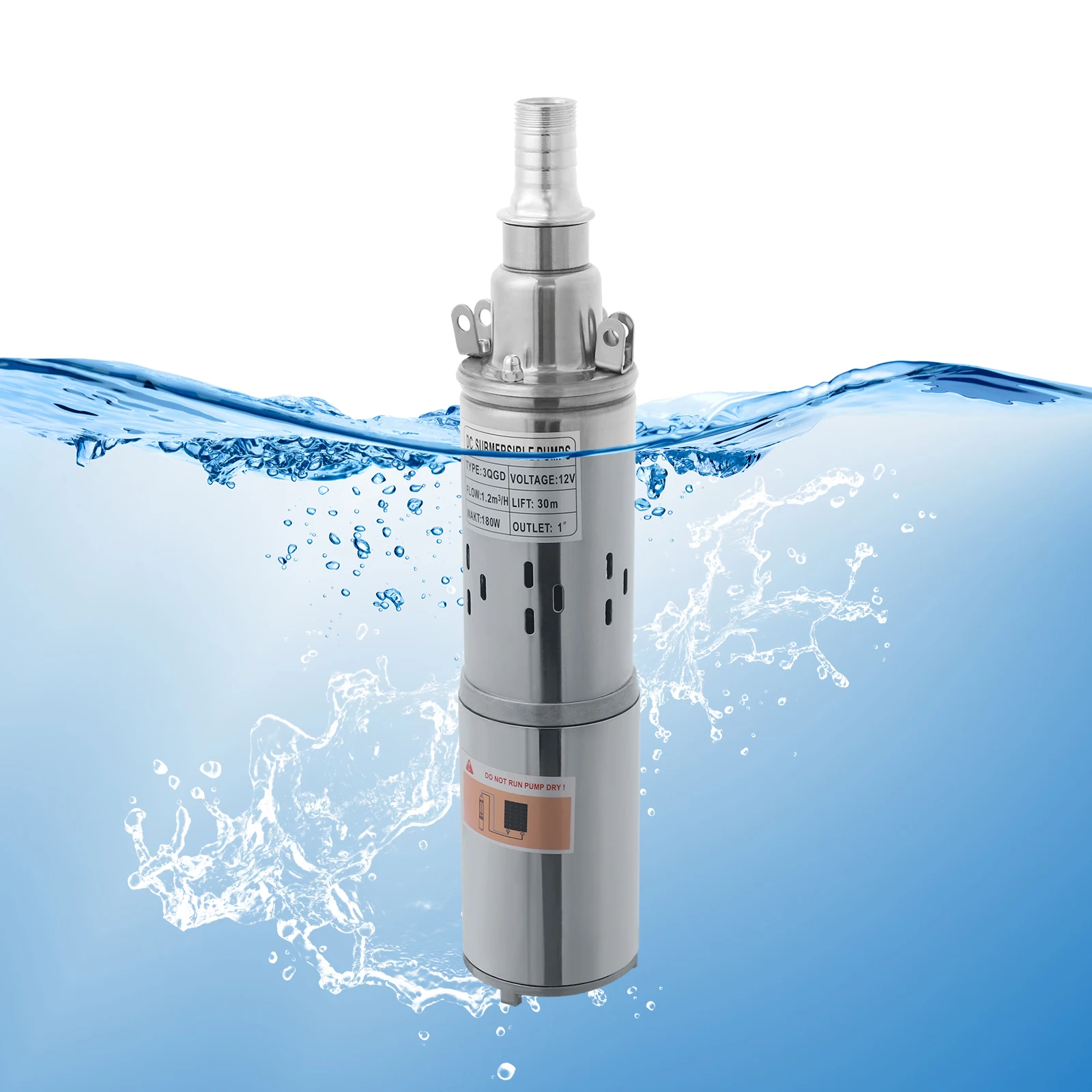 12V Solar Water Pump 180W 98ft Lift Stainless Steel Submersible Pump IP68 Waterproof for Deep Well Pond Irrigation Off-Grid Use