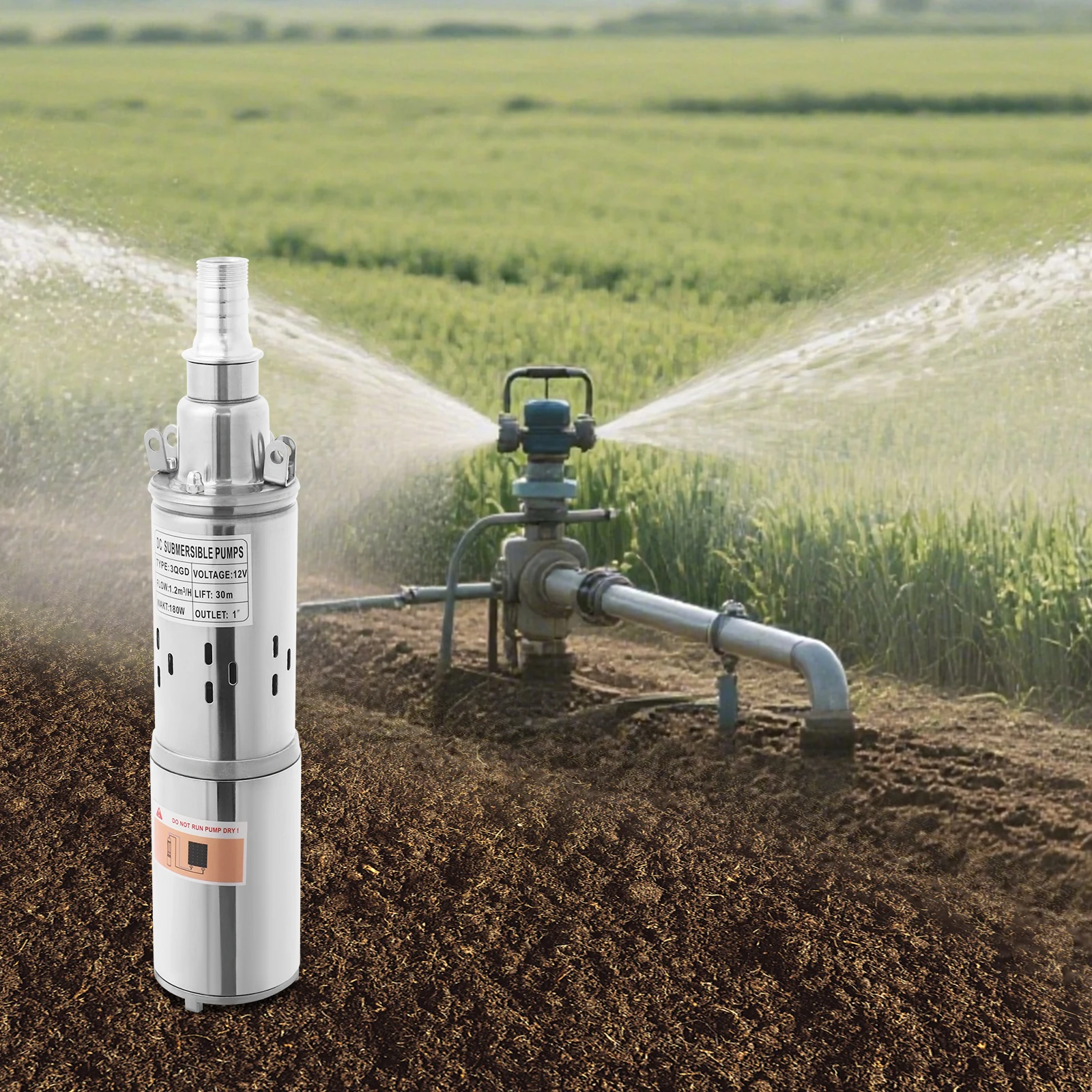 12V Solar Water Pump 180W 98ft Lift Stainless Steel Submersible Pump IP68 Waterproof for Deep Well Pond Irrigation Off-Grid Use